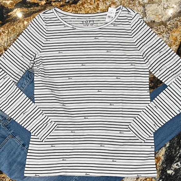 NWT LOFT White W/Black "Love" Stripe Print Long Sleeve Vintage Cotton Tee - XS - Picture 3 of 9